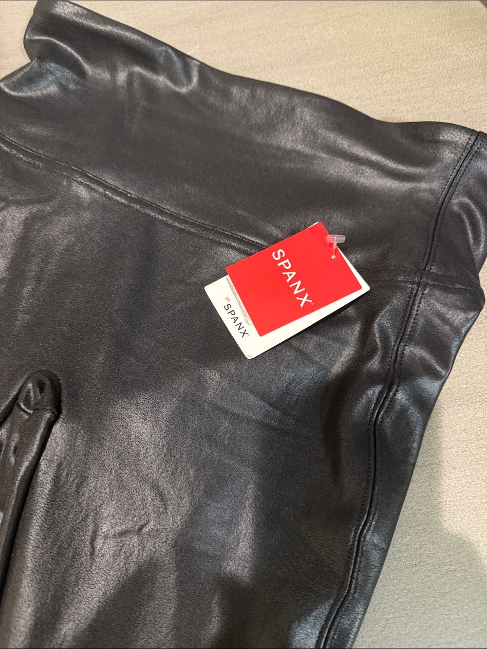 SPANX Black Faux Leather Leggings with Red Tag